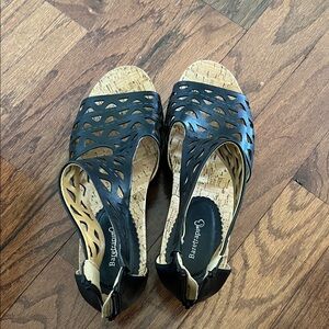 BareTraps Black Cutout Cork Wedge Sandals with Back Strap